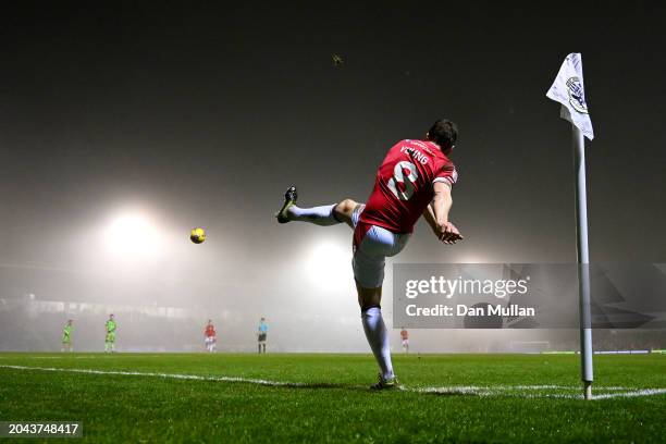 Luke Young of Wrexham takes a corner-kick during the Sky Bet League Two match between Forest Green Rovers and Wrexham at The New Lawn on February 27,...