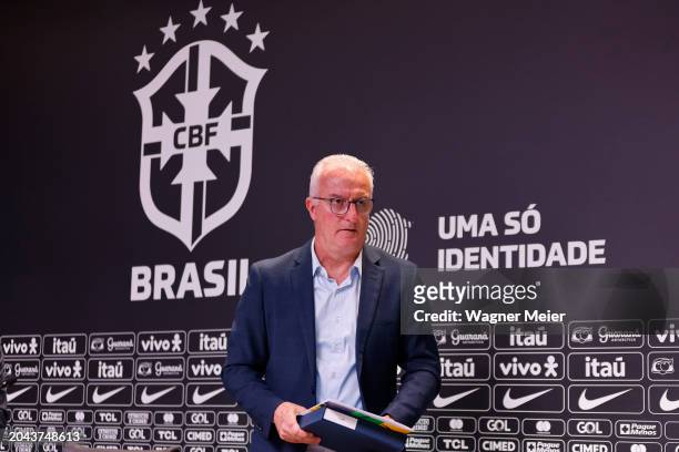 Coach of Brazil Dorival Junior speaks during a press conference to announce the squad that will travel to Europe to play friendlies against England...