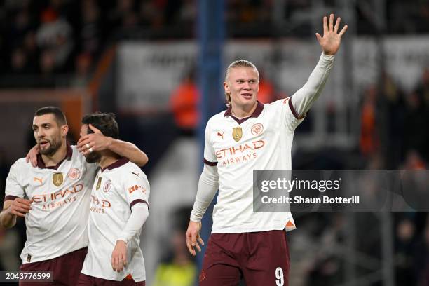 Erling Haaland of Manchester City celebrates scoring his team's fifth goal during the Emirates FA Cup Fifth Round match between Luton Town and...
