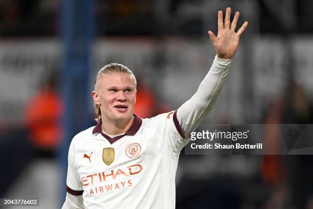 Erling Haaland of Manchester City celebrates scoring his team's fifth goal during the Emirates FA Cup Fifth Round match between Luton Town and...