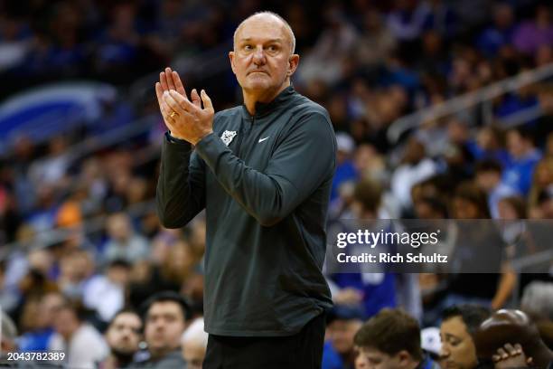 Head coach Thad Matta of the Butler Bulldogs reacts during a game against the Seton Hall Pirates at Prudential Center on February 24, 2024 in Newark,...