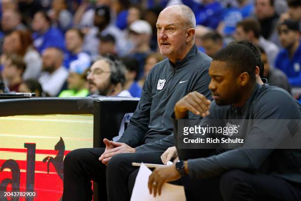 Head coach Thad Matta of the Butler Bulldogs reacts during a game against the Seton Hall Pirates at Prudential Center on February 24, 2024 in Newark,...