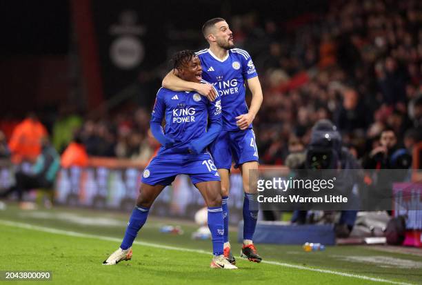 Abdul Fatawu of Leicester City celebrates with Conor Coady of Leicester City after scoring his team's first goal during the Emirates FA Cup Fifth...
