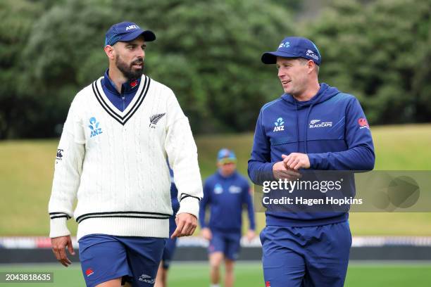 Daryl Mitchell and Henry Nicholls of New Zealand talk during a nets session ahead of the First Test in the series between New Zealand and Australia...