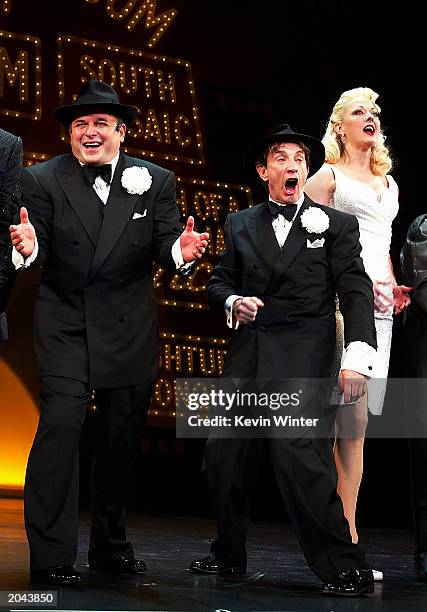 Actors Jason Alexander , Martin Short and Angie Schworer at the curtain call for "The Producers" at the Pantages Theatre on May 29, 2003 in Los...