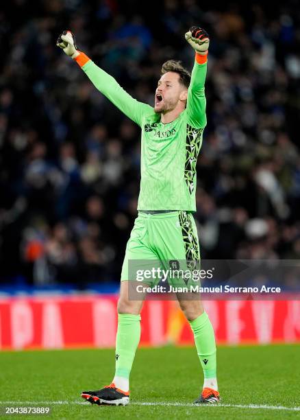 Alejandro Remiro of Real Sociedad celebrates after Mikel Oyarzabal of Real Sociedad scores his team's first goal during the Copa del Rey Semifinal...