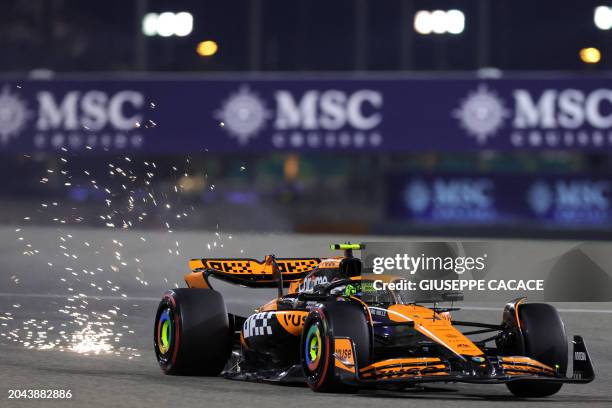 McLaren's British driver Lando Norris drives during the qualifying session of the Bahrain Formula One Grand Prix at the Bahrain International Circuit...