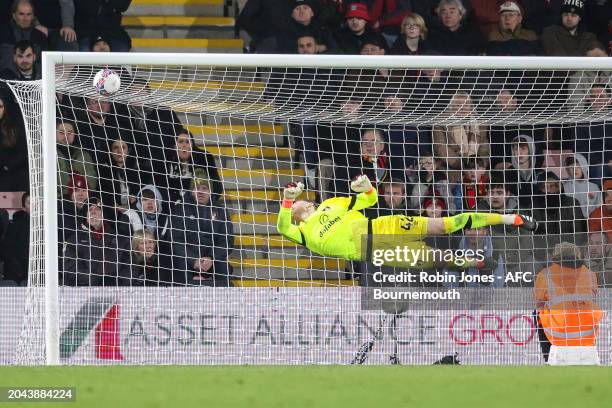 Mark Travers of Bournemouth is beaten by Abdul Fatawu of Leicester City in extra-time to make it 1-0 during the Emirates FA Cup Fifth Round match...