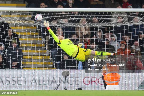 Mark Travers of Bournemouth is beaten by Abdul Fatawu of Leicester City in extra-time to make it 1-0 during the Emirates FA Cup Fifth Round match...