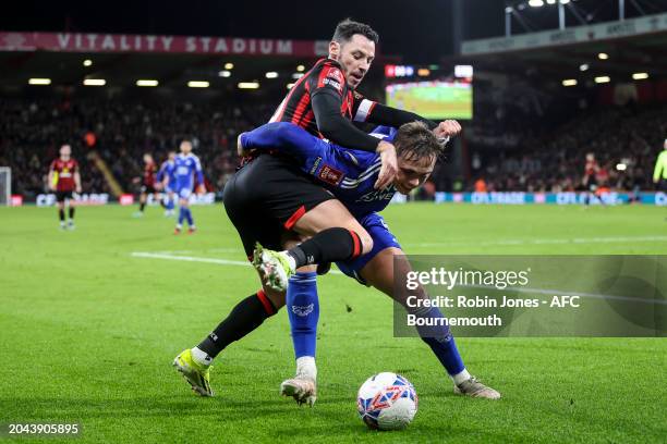 Callum Doyle of Leicester City holds off Adam Smith of Bournemouth during the Emirates FA Cup Fifth Round match between AFC Bournemouth and Leicester...