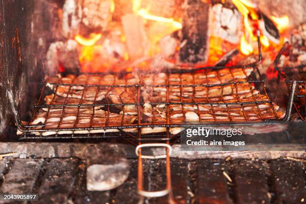 high angle front view of a group of meat on a metal grill grate cooking over heat in the oven - fumes cooking stock pictures, royalty-free photos & images