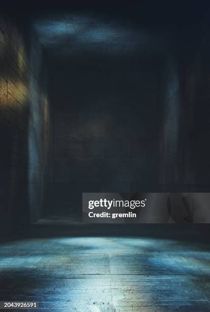 dark spooky underground concrete corridor - creepy wall stock pictures, royalty-free photos & images