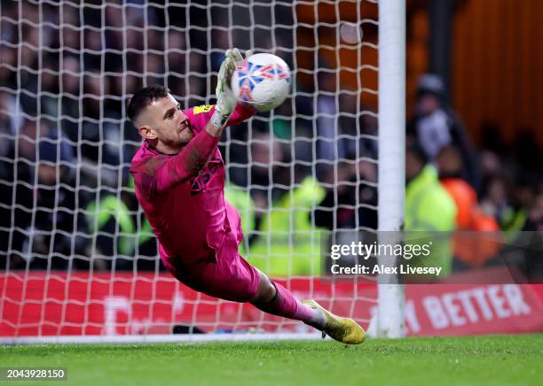 Martin Dubravka of Newcastle United saves the fifth and decisive penalty from Dominic Hyam of Blackburn Rovers in the penalty shoot out during the...