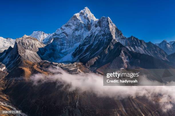 panorama 115mpix of beautiful  mount ama dablam in  himalayas, nepal - icefall stock pictures, royalty-free photos & images