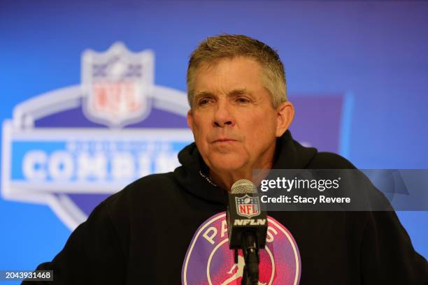 Head coach Sean Payton of the Denver Broncos speaks to the media during the NFL Combine at the Indiana Convention Center on February 27, 2024 in...