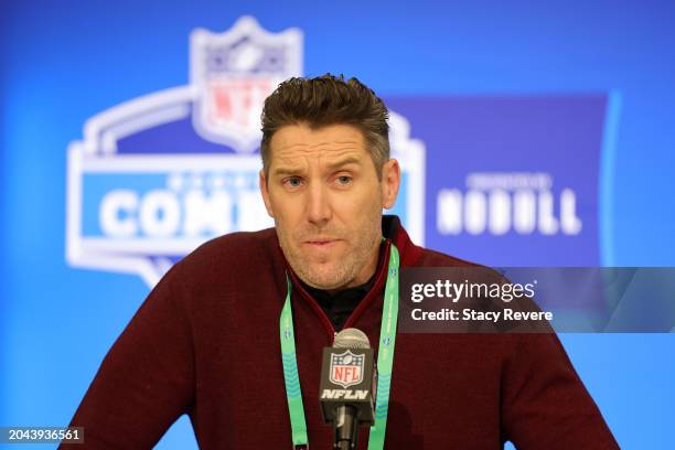 General manager Adam Peters of the Washington Commanders speaks to the media during the NFL Combine at the Indiana Convention Center on February 27,...