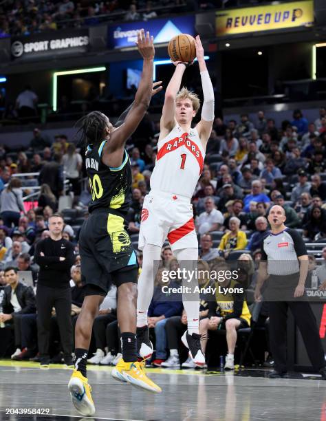 Gradey Dick of the Toronto Raptors shoots the ball against the Indiana Pacers at Gainbridge Fieldhouse on February 26, 2024 in Indianapolis, Indiana....