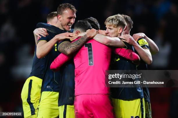 Martin Dubravka of Newcastle United is mobbed by teammates after saving the final penalty in the shootout during the Emirates FA Cup Fifth Round...