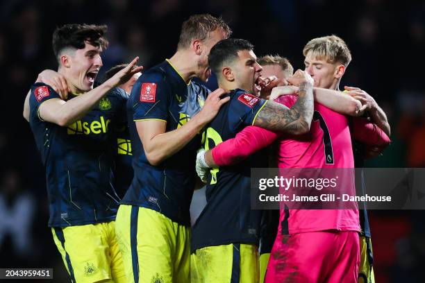 Martin Dubravka of Newcastle United is mobbed by teammates after saving the final penalty in the shootout during the Emirates FA Cup Fifth Round...