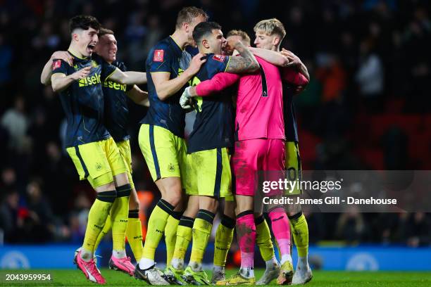 Martin Dubravka of Newcastle United is mobbed by teammates after saving the final penalty in the shootout during the Emirates FA Cup Fifth Round...