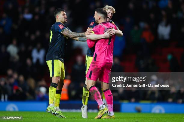 Martin Dubravka of Newcastle United is mobbed by teammates after saving the final penalty in the shootout during the Emirates FA Cup Fifth Round...