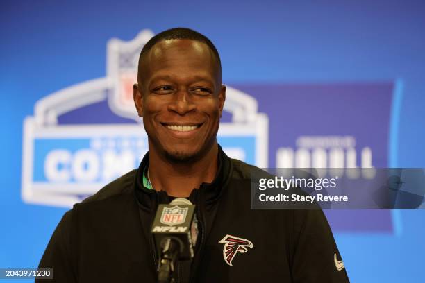 Head coach Raheem Morris of the Atlanta Falcons speaks to the media during the NFL Combine at the Indiana Convention Center on February 27, 2024 in...