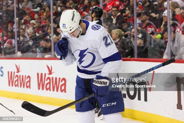 Tampa Bay Lightning center Brayden Point celebrates after scoring a goal during a game between the against the against the Tampa Bay Lightning and...