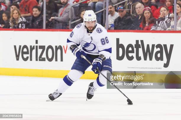 Tampa Bay Lightning right wing Nikita Kucherov skates with the puck during a game between the against the against the Tampa Bay Lightning and New...