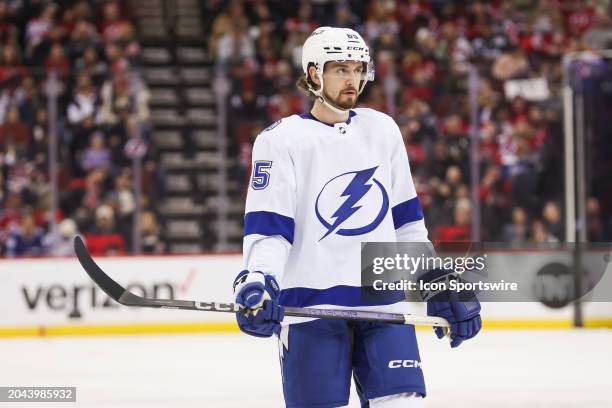 Tampa Bay Lightning defenseman Maxwell Crozier looks on during a game between the against the against the Tampa Bay Lightning and New Jersey Devils...