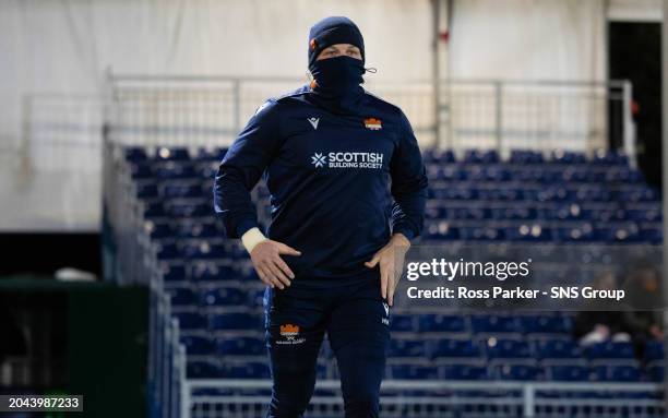 Edinburgh's Hamish Watson warms up during a BKT United Rugby Championship match between Edinburgh Rugby and Ospreys at the Hive Stadium, on March 01...