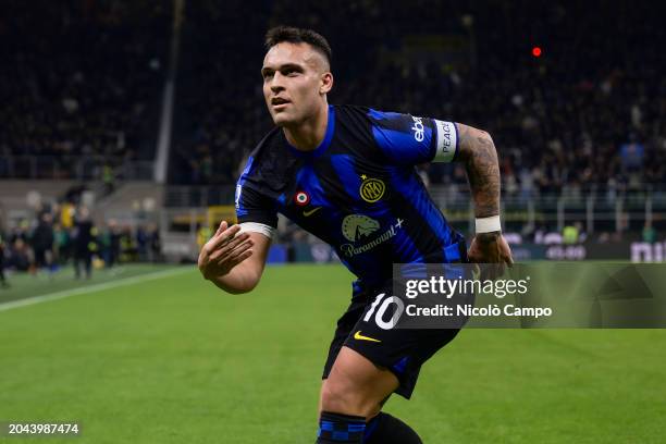 Lautaro Martinez of FC Internazionale celebrates after scoring a goal during the Serie A football match between FC Internazionale and Atalanta BC. FC...