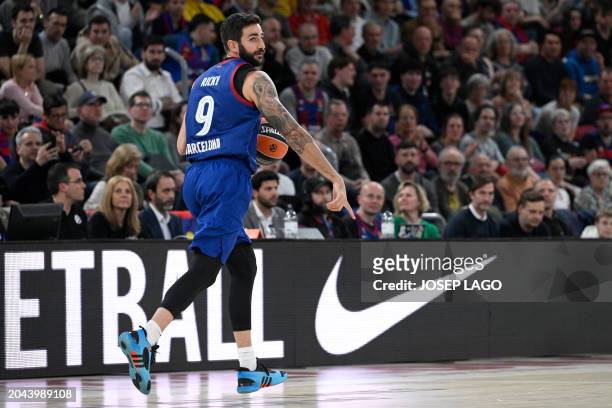 Barcelona's Spanish guard Ricky Rubio drives the ball during the Euroleague basketball match between FC Barcelona and AS Monaco at the Palau...