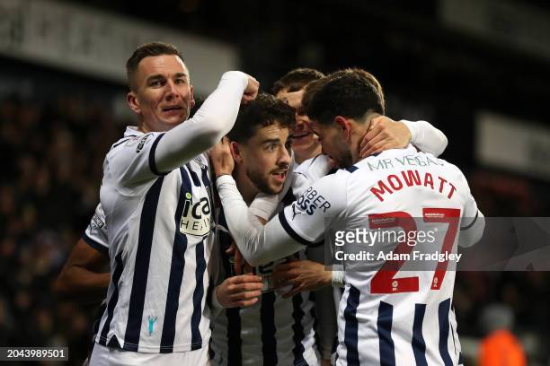 Mikey Johnston of West Bromwich Albion celebrates with Jed Wallace of West Bromwich Albion and Alex Mowatt of West Bromwich Albion after scoring a...