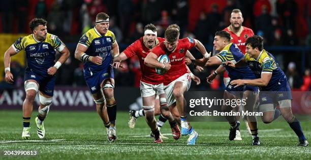 Cork , Ireland - 1 March 2024; Alex Nankivell of Munster makes a break during the United Rugby Championship match between Munster and Zebre Parma at...