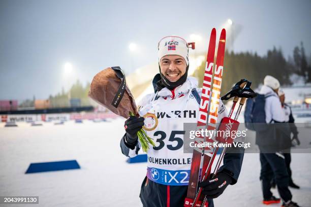 Sturla Holm Laegreid of Norway looks on after the medal ceremony for winning the Men 20 km Individual at the BMW IBU World Cup Biathlon Oslo -...