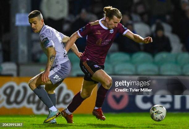 Galway , Ireland - 1 March 2024; David Hurley of Galway United in action against Darragh Leahy of Waterford during the SSE Airtricity Men's Premier...