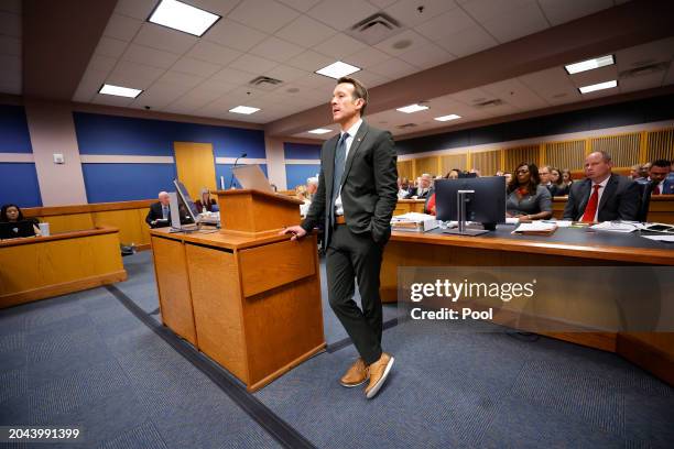 Attorney Adam Abbate speaks during a hearing on the Georgia election interference case, at the Fulton County Courthouse on March 1 in Atlanta,...