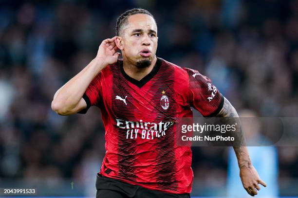 Noah Okafor of AC Milan celebrates after scoring first goal during the Serie A TIM match between SS Lazio and AC Milan at Stadio Olimpico on March 1,...