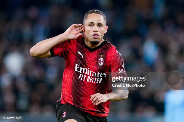 Noah Okafor of AC Milan celebrates after scoring first goal during the Serie A TIM match between SS Lazio and AC Milan at Stadio Olimpico on March 1,...