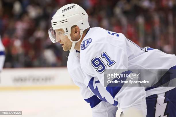 Tampa Bay Lightning center Steven Stamkos looks on during a game between the against the against the Tampa Bay Lightning and New Jersey Devils on...