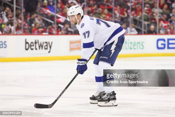 Tampa Bay Lightning defenseman Victor Hedman looks on during a game between the against the against the Tampa Bay Lightning and New Jersey Devils on...