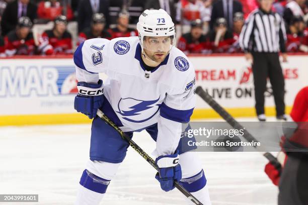 Tampa Bay Lightning left wing Conor Sheary looks on during a game between the against the against the Tampa Bay Lightning and New Jersey Devils on...