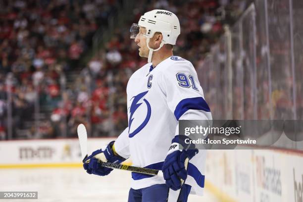 Tampa Bay Lightning center Steven Stamkos looks on during a game between the against the against the Tampa Bay Lightning and New Jersey Devils on...