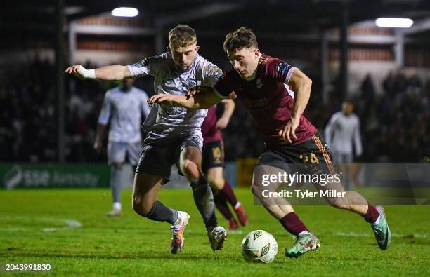 Galway , Ireland - 1 March 2024; Edward McCarthy of Galway United in action against Darragh Power of Waterford during the SSE Airtricity Men's...