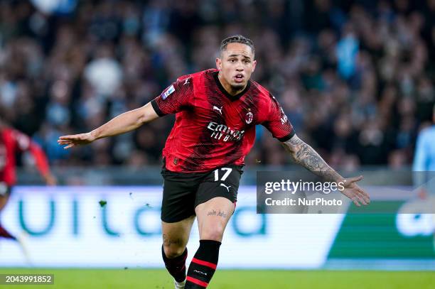 Noah Okafor of AC Milan celebrates after scoring first goal during the Serie A TIM match between SS Lazio and AC Milan at Stadio Olimpico on March 1,...