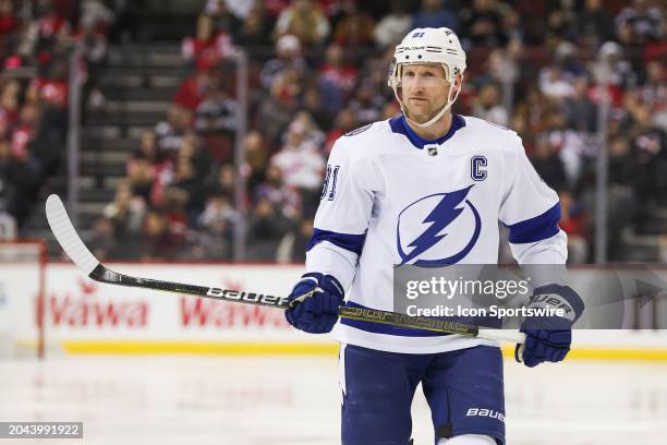 Tampa Bay Lightning center Steven Stamkos looks on during a game between the against the against the Tampa Bay Lightning and New Jersey Devils on...