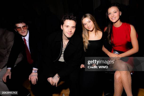 Cruz Beckham, Brooklyn Beckham, Harper Beckham, and Nicola Peltz Beckham at Victoria Beckham RTW Fall 2024 as part of Paris Ready to Wear Fashion...
