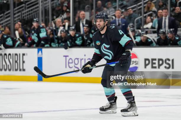 Justin Schultz of the Seattle Kraken skates during the third period of a game against the Pittsburgh Penguins at Climate Pledge Arena on February 29,...