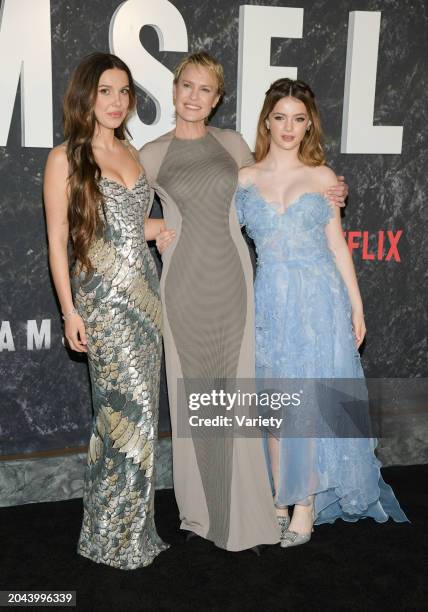 Millie Bobby Brown, Robin Wright and Brooke Carter at the "Damsel" New York Premiere held at The Paris Theater on March 1, 2024 in New York, New York.