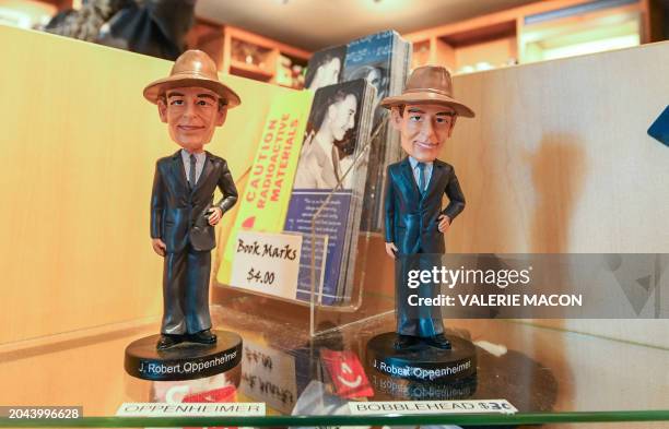 View of J. Robert Oppenheimer bobble head in the Los Alamos Museum store at Manhattan Project National Historical Park, in Los Alamos, New Mexico, on...